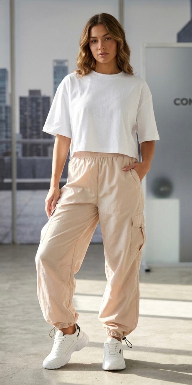 Y2k Commense baggy Streetwear Gorpcore Cargo Parachute Pants BeigeTan Drawstring